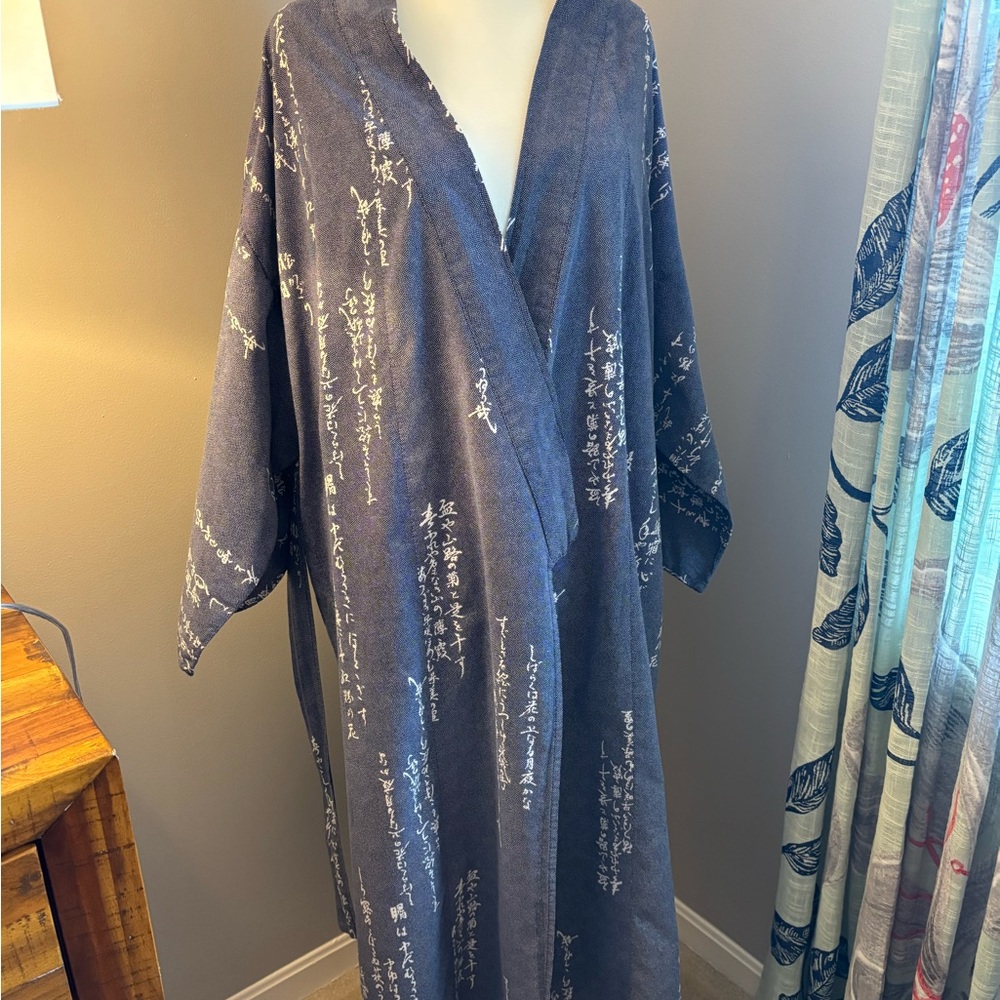 Elegant Blue Kimono with White Script